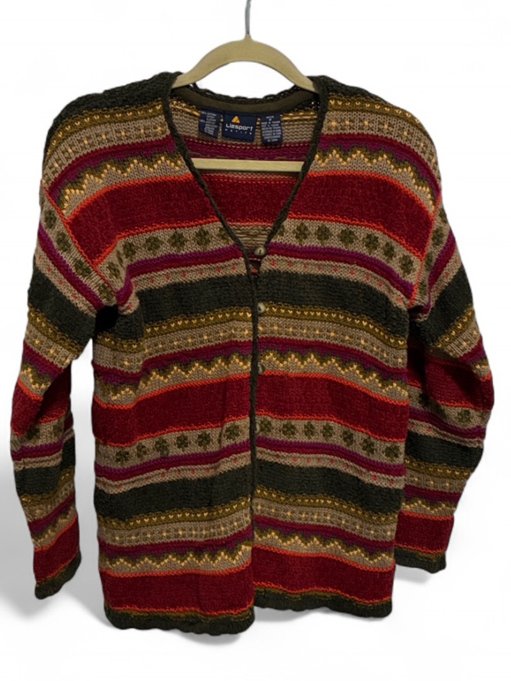 Vintage Liz Sport Striped V-Neck Cardigan Sweater - Red Multicolor